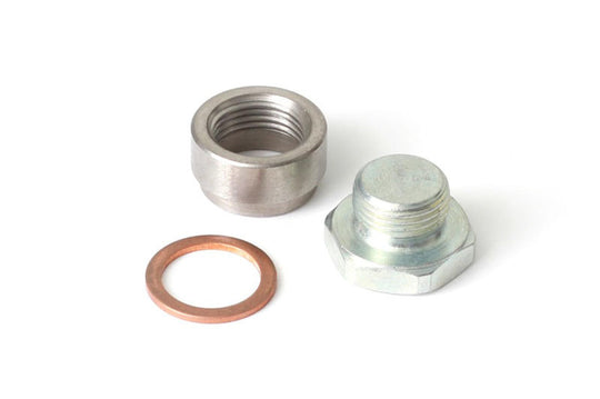 Haltech O2 sensor weld-on bung with copper washer and blanking plug, M18 x 1.5 fittings for automotive exhaust systems.