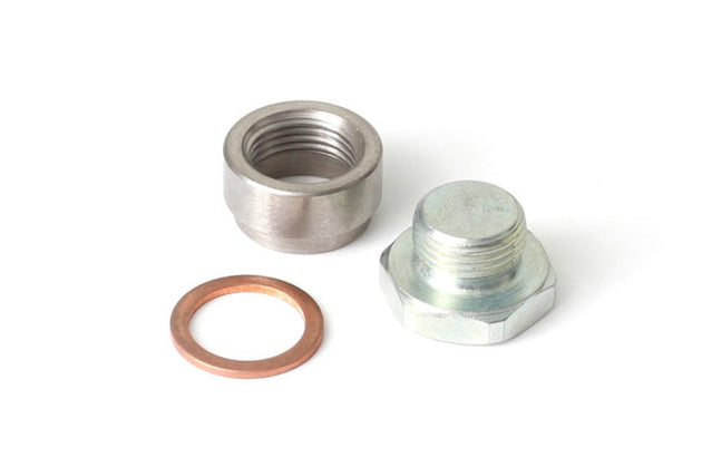 Haltech O2 sensor weld-on bung with copper washer and blanking plug, M18 x 1.5 fittings for automotive exhaust systems.