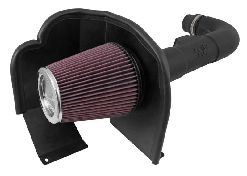 K&N 63 Series AirCharger cold air intake kit installed in a Chevy Silverado 4.3L V6 engine, showcasing the performance air filter and intake tubing.