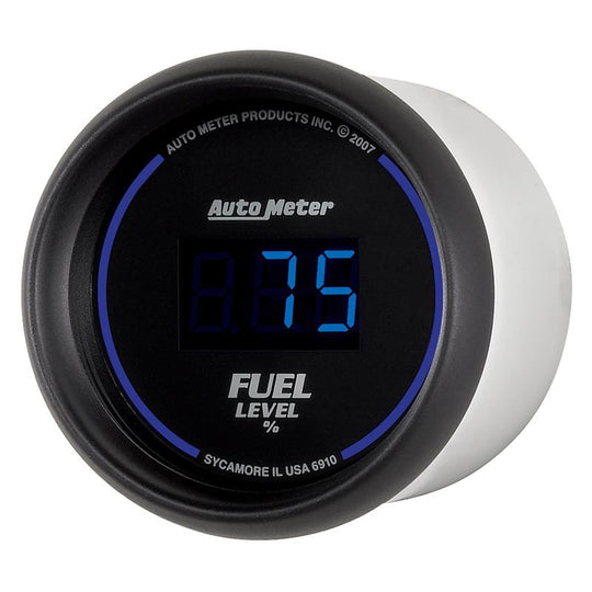 AutoMeter Cobalt Digital 52.4mm black fuel level gauge displaying empty to full range, with digital readout and sleek design.