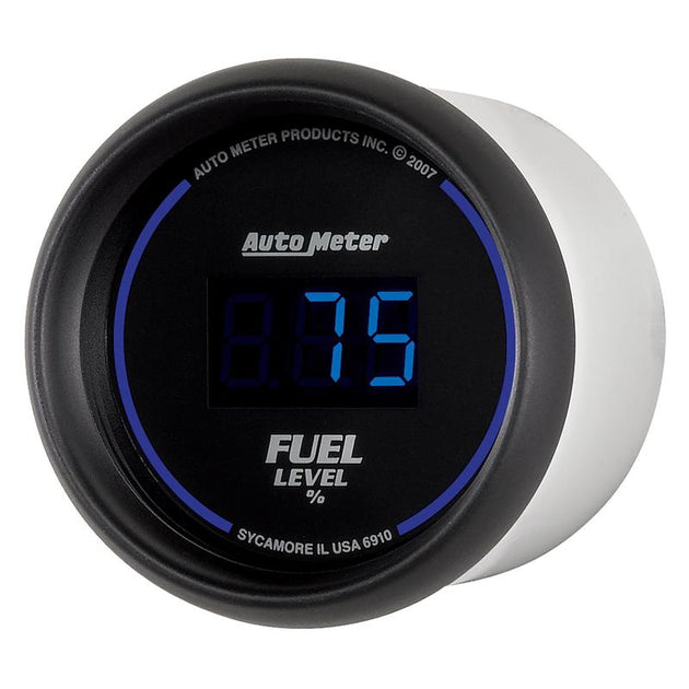 AutoMeter Cobalt Digital 52.4mm black fuel level gauge displaying empty to full range, with digital readout and sleek design.