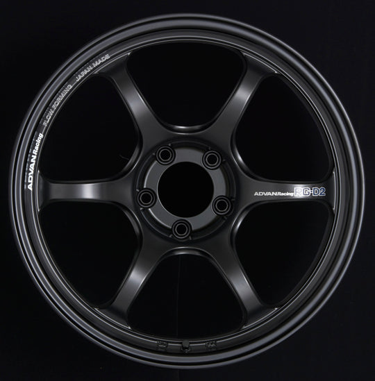 Advan RG-D2 cast wheel with 18x9.5 inches, +35 offset, 5x120 bolt pattern, semi-gloss black finish on a vehicle.