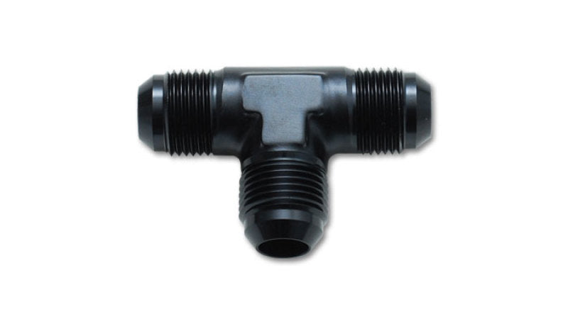 Vibrant -4AN flare tee adapter fitting made of aluminum, showing the fitting with flare ends and smooth metallic finish.