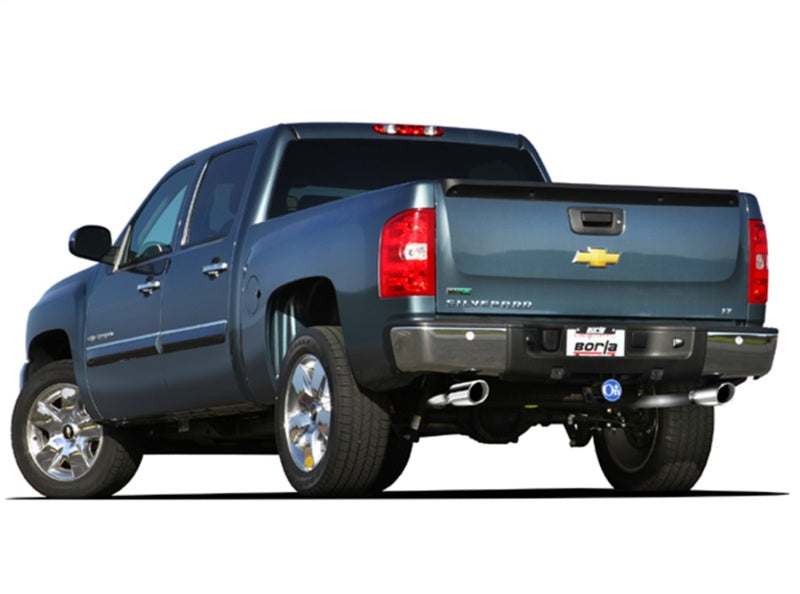 Borla catback exhaust system for 2009-2011 Chevrolet Silverado and GMC Sierra S-Type SS trucks, showing polished exhaust pipes and tips.