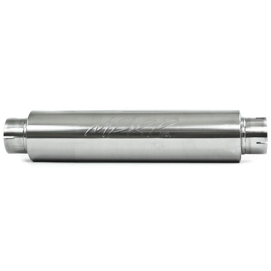 MBRP universal muffler with 4-inch inlet and outlet, 24-inch body, 6-inch diameter, and 30-inch length in T409 stainless steel.