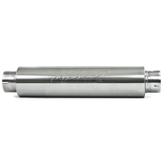 MBRP universal muffler with 4-inch inlet and outlet, 24-inch body, 6-inch diameter, and 30-inch length in T409 stainless steel.