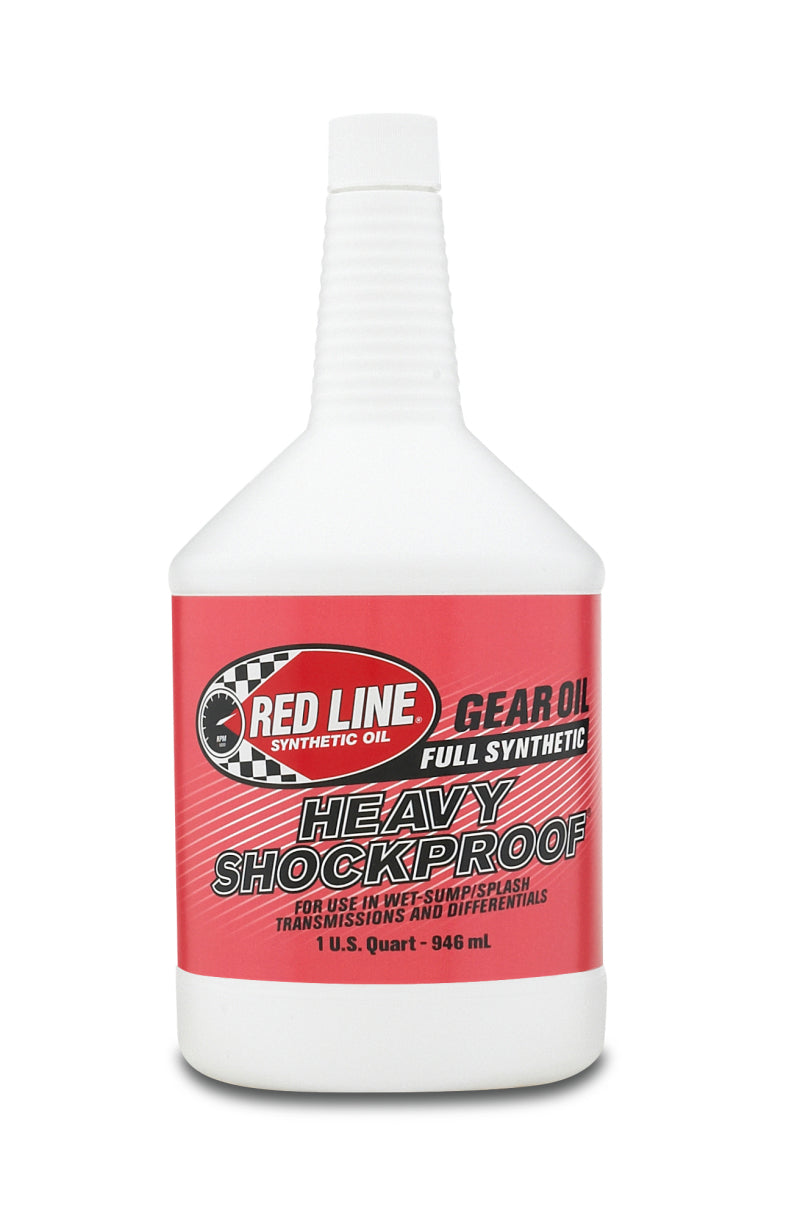 Red Line Heavy ShockProof Gear Oil quart bottle with label, designed for gear lubrication and protection in automotive applications.