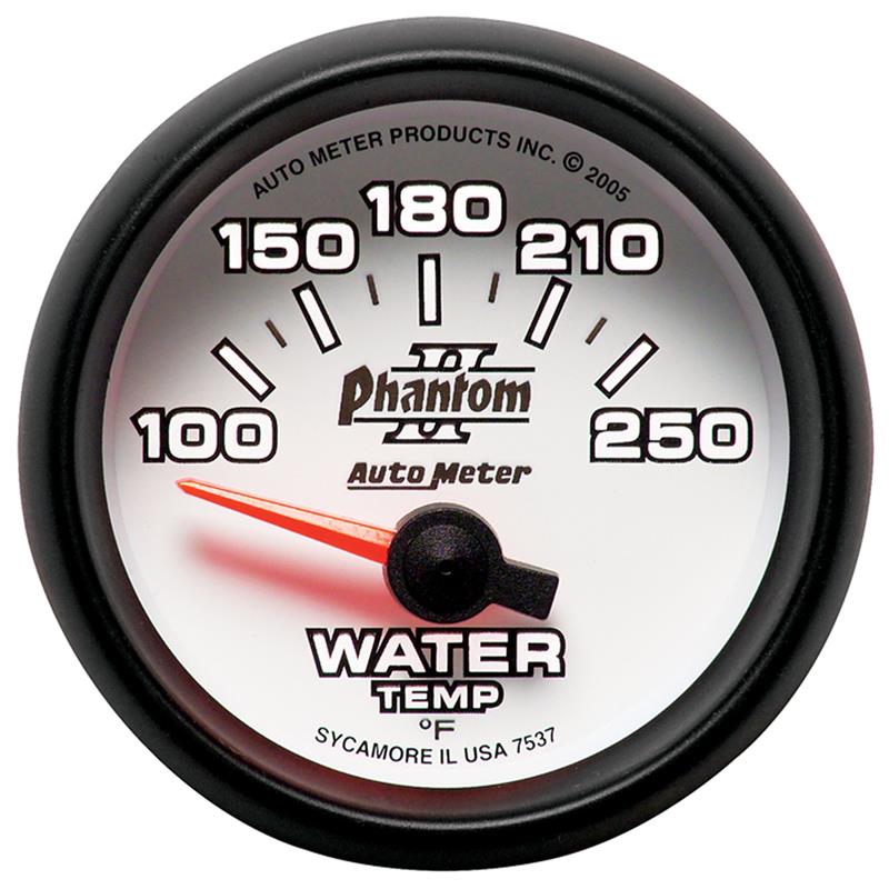 AutoMeter Phantom II 52.4mm water temperature gauge showing temperature scale from 100 to 250°F with a black dial and clear markings.