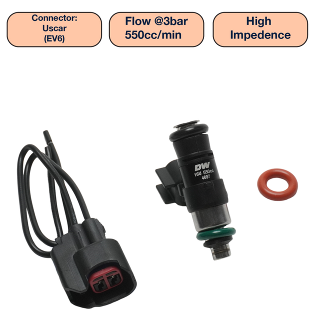 DeatschWerks universal 550cc single fuel injector with 34mm length and 14mm O-ring seals, designed for high performance fuel delivery.
