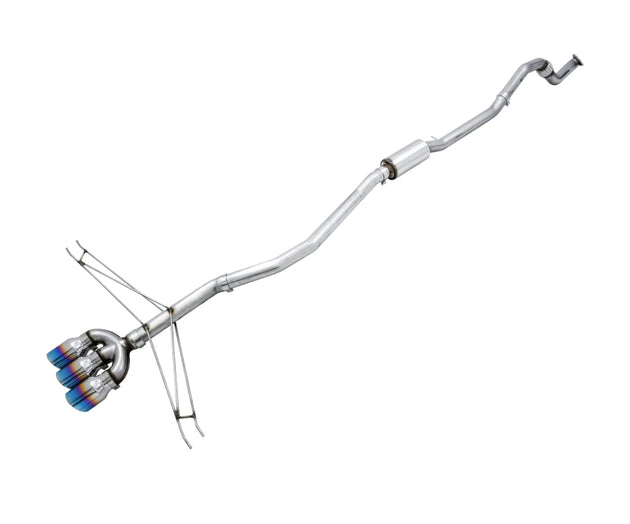AWE Tuning Honda Civic Si Track Edition triple vapor blue catback exhaust system with front pipe installed on a vehicle.