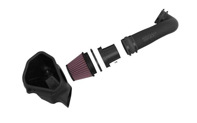K&N Engineering cold air intake system for Cadillac CT5 6.2L V8 engine, showing the performance air filter and intake tubing.