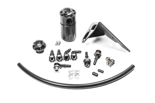 Radium Engineering GM LS2/LS3/LS7 engine oil catch can kit with fluid lock PCV system, black aluminum canister and hoses.