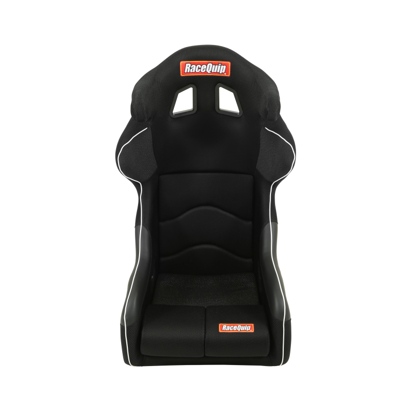 RaceQuip FIA containment racing seat in large size, black with high side bolsters for safety and support in motorsport vehicles.