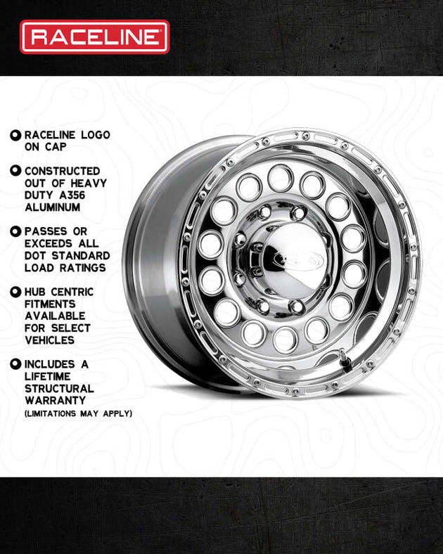 Polished Raceline 887 Rock Crusher 15x10 inch cast wheel with 5x139.7 bolt pattern and -47mm offset, featuring a 107.95mm bore.