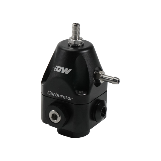 DeatschWerks black compact carburetor fuel pressure regulator with 6AN inlets and return, adjustable for performance applications.