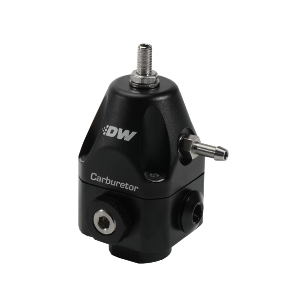 DeatschWerks black compact carburetor fuel pressure regulator with 6AN inlets and return, adjustable for performance applications.
