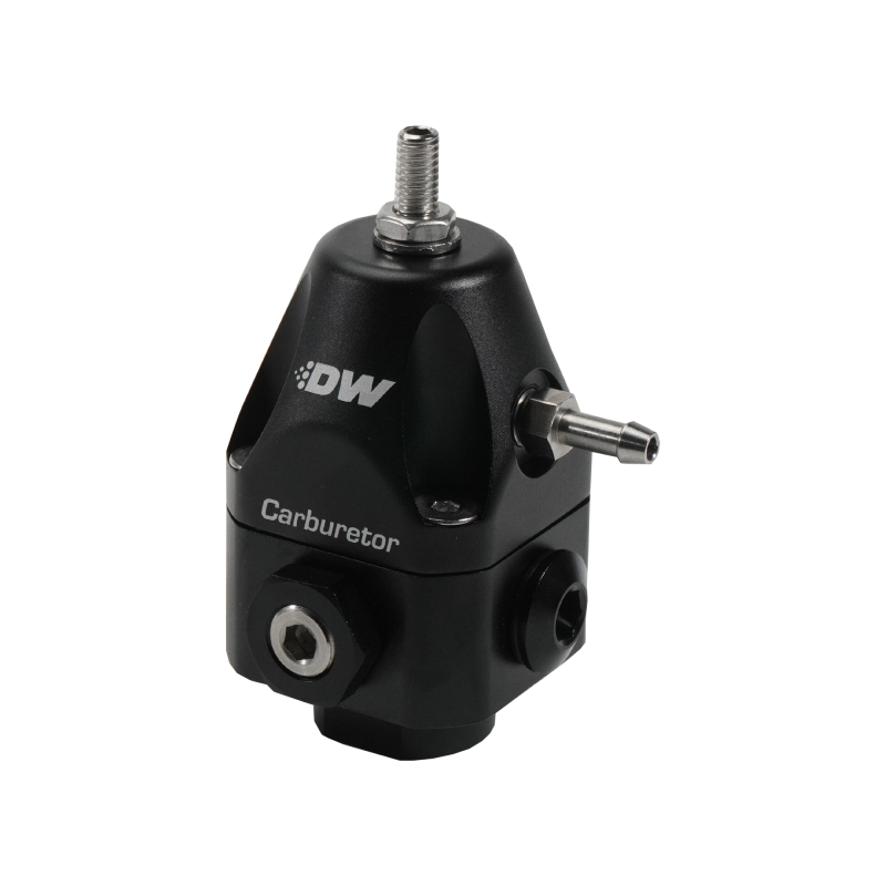 DeatschWerks black compact carburetor fuel pressure regulator with 6AN inlets and return, adjustable for performance applications.