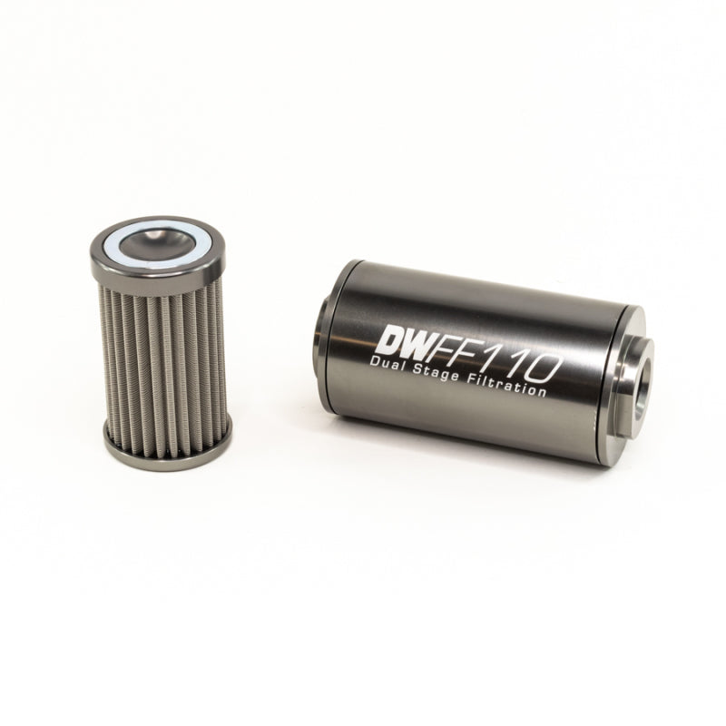 DeatschWerks stainless steel 10AN inline fuel filter housing kit with 100 micron filter, 110mm length, for universal fuel system use.