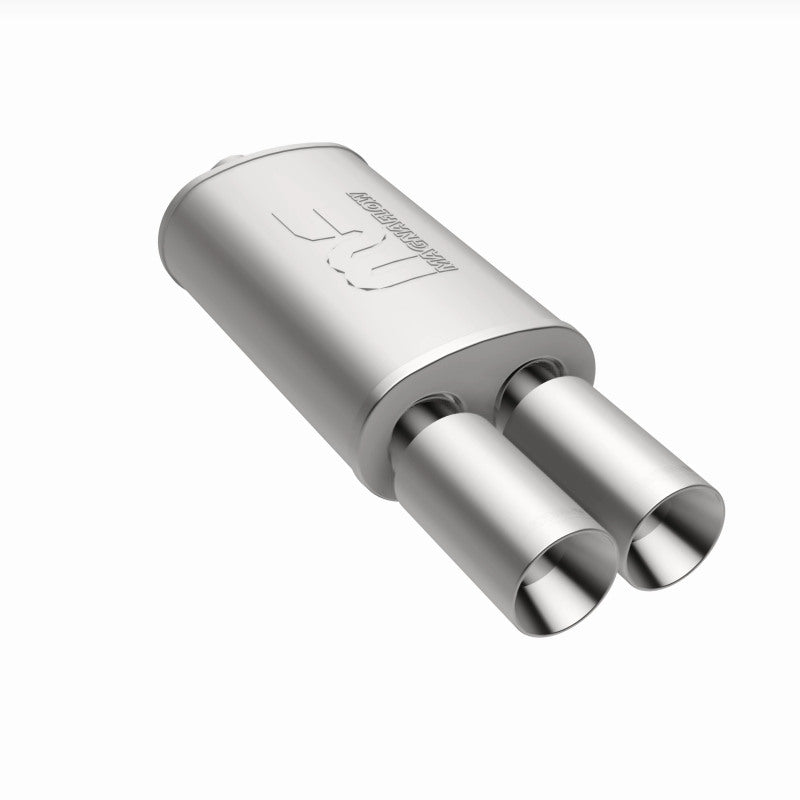 MagnaFlow stainless steel muffler with tip, 14x5x8 inches, dual inlet, 2.25/3 inch outlet, automotive exhaust component.