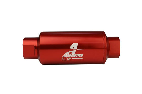 Aeromotive AN-10 inline fuel filter with red anodized finish and 40 micron stainless steel element, designed for automotive fuel systems.