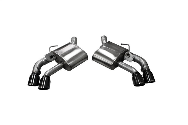 Black Corsa Performance axle-back exhaust for 2016-2024 Chevrolet Camaro SS/ZL1 6.2L V8 with NPP valve, shown from side view.