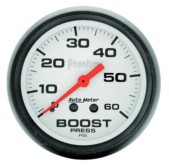 AutoMeter Phantom 52mm mechanical boost gauge displaying 0-60 PSI with black dial and silver bezel for automotive performance.