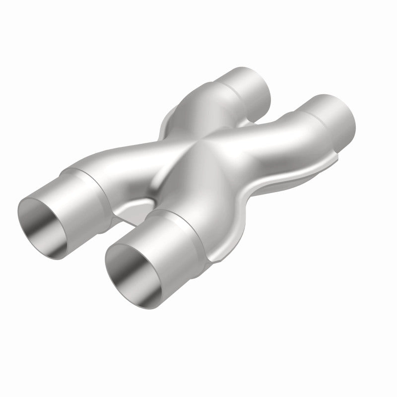 MagnalFlow Smooth Trans X 2.25-inch stainless steel X pipe for automotive exhaust systems, showing the polished metal design.