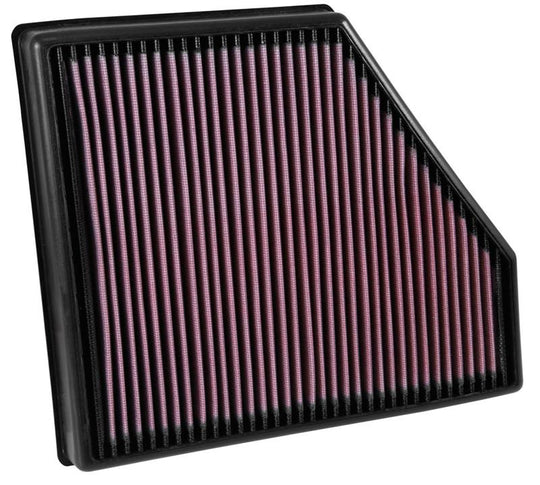 K&N Engineering 2016 Chevy Camaro SS 6.2L drop-in air filter installed in the engine compartment, showcasing the filter's design.