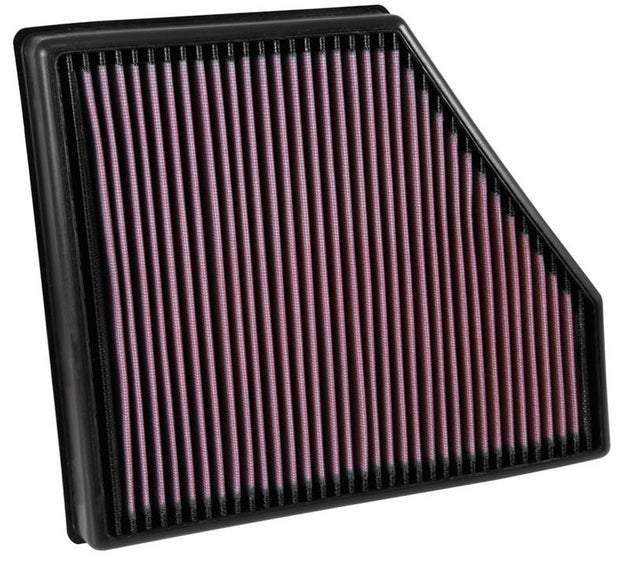 K&N Engineering 2016 Chevy Camaro SS 6.2L drop-in air filter installed in the engine compartment, showcasing the filter's design.