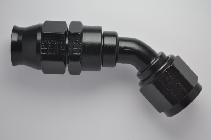 Fragola -10AN Real Street 45-degree black hose end fitting for PTFE hoses, showcasing durable metal construction and sleek design.