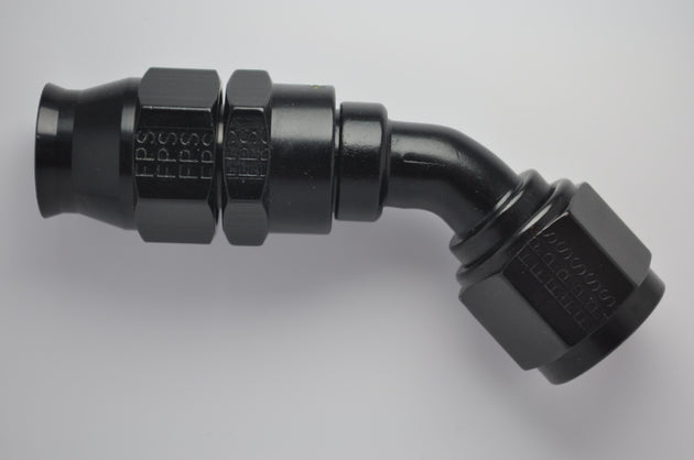 Fragola -10AN Real Street 45-degree black hose end fitting for PTFE hoses, showcasing durable metal construction and sleek design.