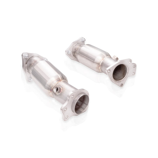 Stainless Works 20-21 Chevrolet Corvette C8 6.2L high-flow catted midpipe kit, 3-inch connecting pipes, installed on vehicle.