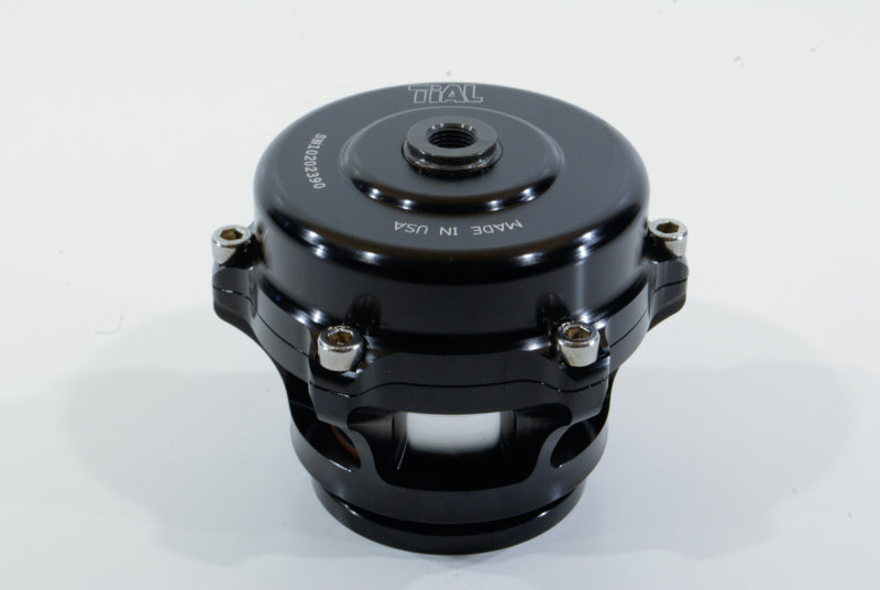 Black TiAL Sport Q BOV 12 PSI Spring blow off valve with visible metal components and black housing for automotive turbo systems.