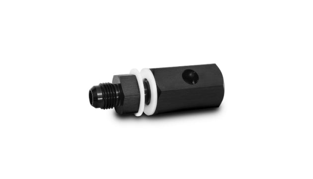 Vibrant -12AN roll over valve in black, with metal fittings, designed for automotive fluid systems and high-performance applications.