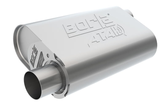 Borla CrateMuffler SBC Hot 350/383 3-inch offset oval muffler with 14x4.35x9-inch dimensions, designed for exhaust systems.