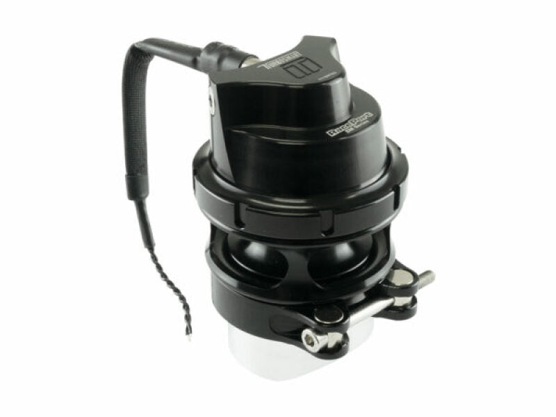 Turbosmart BOV RacePort EM Female GenV Sleeper blow off valve with black and silver finish, mounted on a car engine.