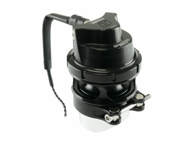 Turbosmart BOV RacePort EM Female GenV Sleeper blow off valve with black and silver finish, mounted on a car engine.