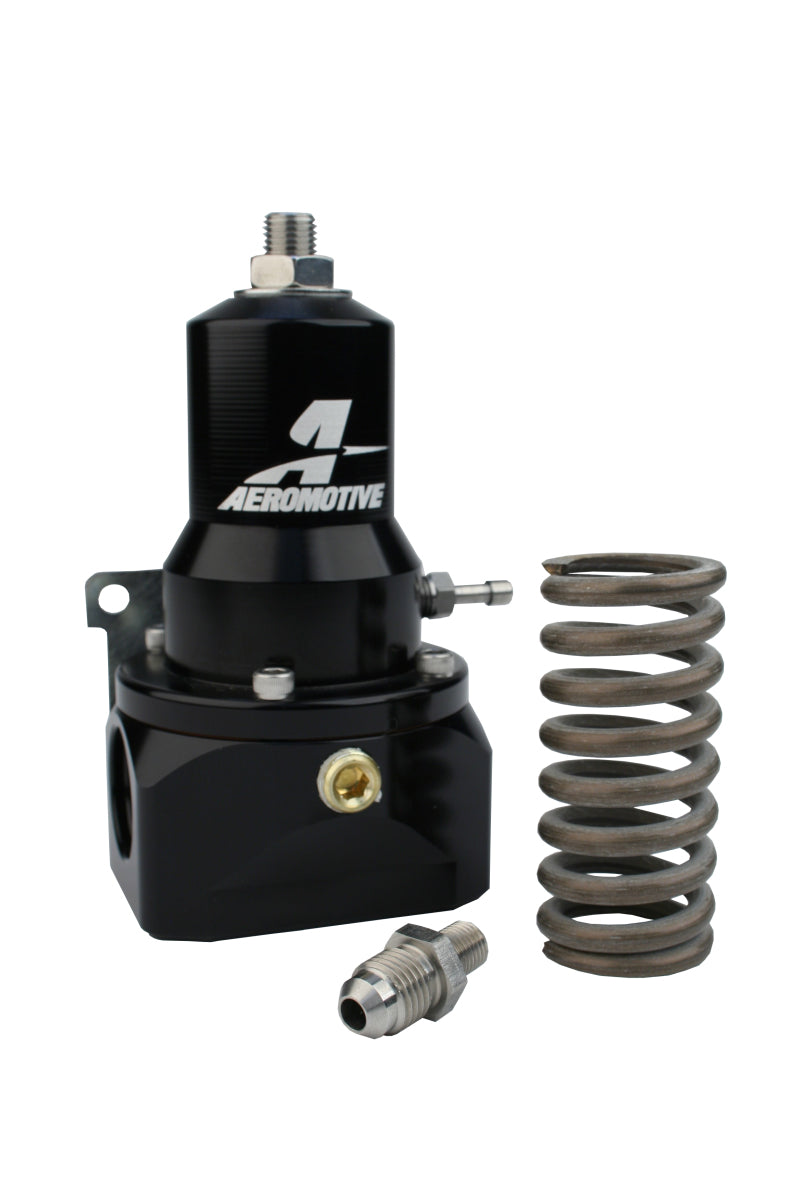 Aeromotive fuel pressure regulator with 30-120 PSI range, .313 valve, and dual AN-10 inlets and bypass for automotive performance.