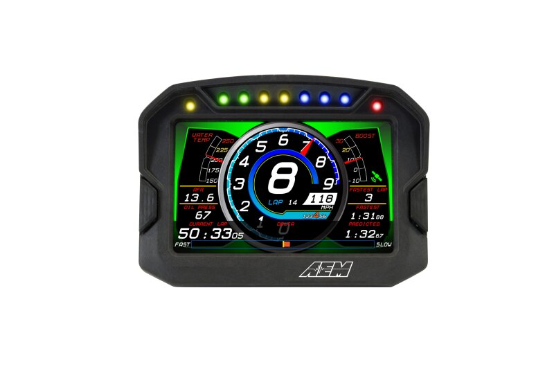 AEM CD-5LG carbon digital dash display gauge with internal 10Hz GPS and antenna, showing detailed digital readout and mounting setup.