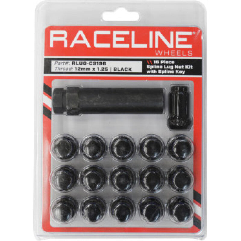 Black Raceline spline lug nut kit with 16 high-security lug nuts and spline key, fits 12 x 1.25 vehicle wheels.