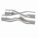 MagnaFlow Smooth Trans X 2.25/2.25 stainless steel X pipe for exhaust systems, showing the polished metal and pipe connections.
