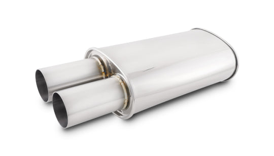 Vibrant Streetpower oval muffler with 3-inch round straight cut tip and inlet, showcasing high-performance automotive exhaust part.