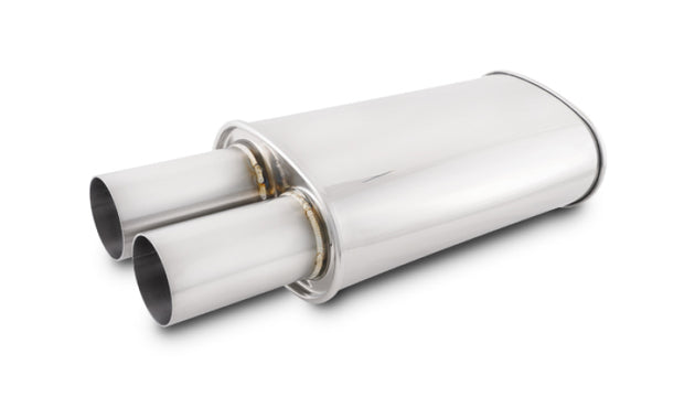 Vibrant Streetpower oval muffler with 3-inch round straight cut tip and inlet, showcasing high-performance automotive exhaust part.