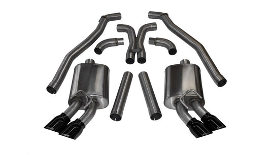 Black CORSA Performance Catback exhaust for 2012-2015 Chevrolet Camaro ZL1 6.2L V8 coupe, featuring sport mufflers and XO design.