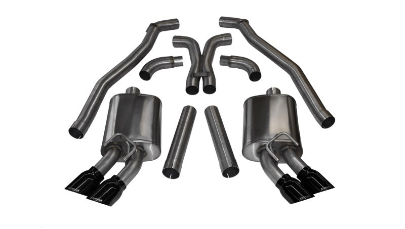 Black CORSA Performance Catback exhaust for 2012-2015 Chevrolet Camaro ZL1 6.2L V8 coupe, featuring sport mufflers and XO design.