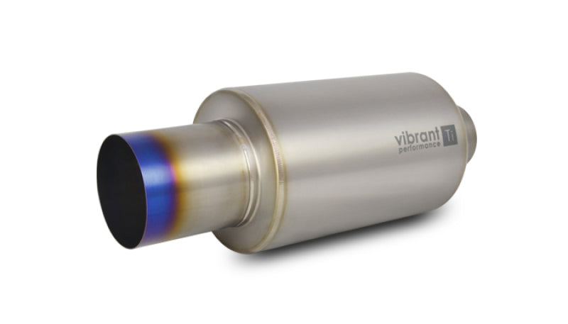 Vibrant titanium muffler with straight cut burnt tip, 3-inch inlet and outlet, showcasing sleek metallic finish and precise craftsmanship.