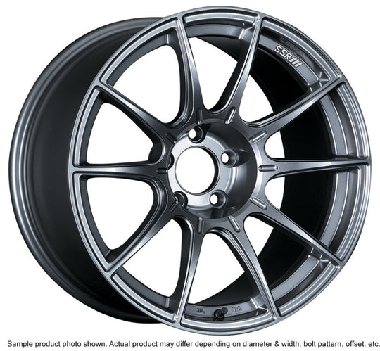 SSR GTX01 18x10.5 dark silver cast wheel with 5x114.3 bolt pattern and 15mm offset for Evo X, G35, 350z, and 370z vehicles.