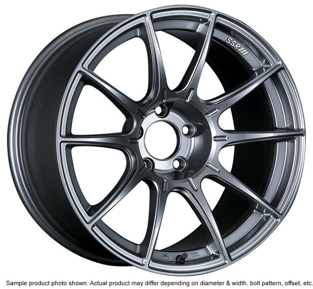SSR GTX01 18x10.5 dark silver cast wheel with 5x114.3 bolt pattern and 15mm offset for Evo X, G35, 350z, and 370z vehicles.