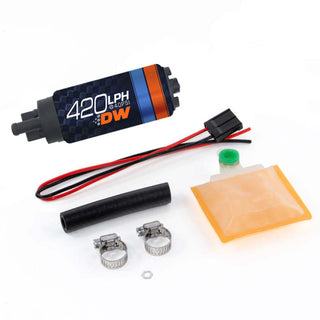 DeatschWerks DW420 Series 420lph in-tank fuel pump with universal install kit, shown installed in vehicle fuel tank.