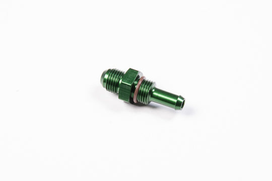 Radium Engineering 5/16-inch barb to 6AN bulkhead fitting showing metal fitting with barb and threaded end for fluid connections.